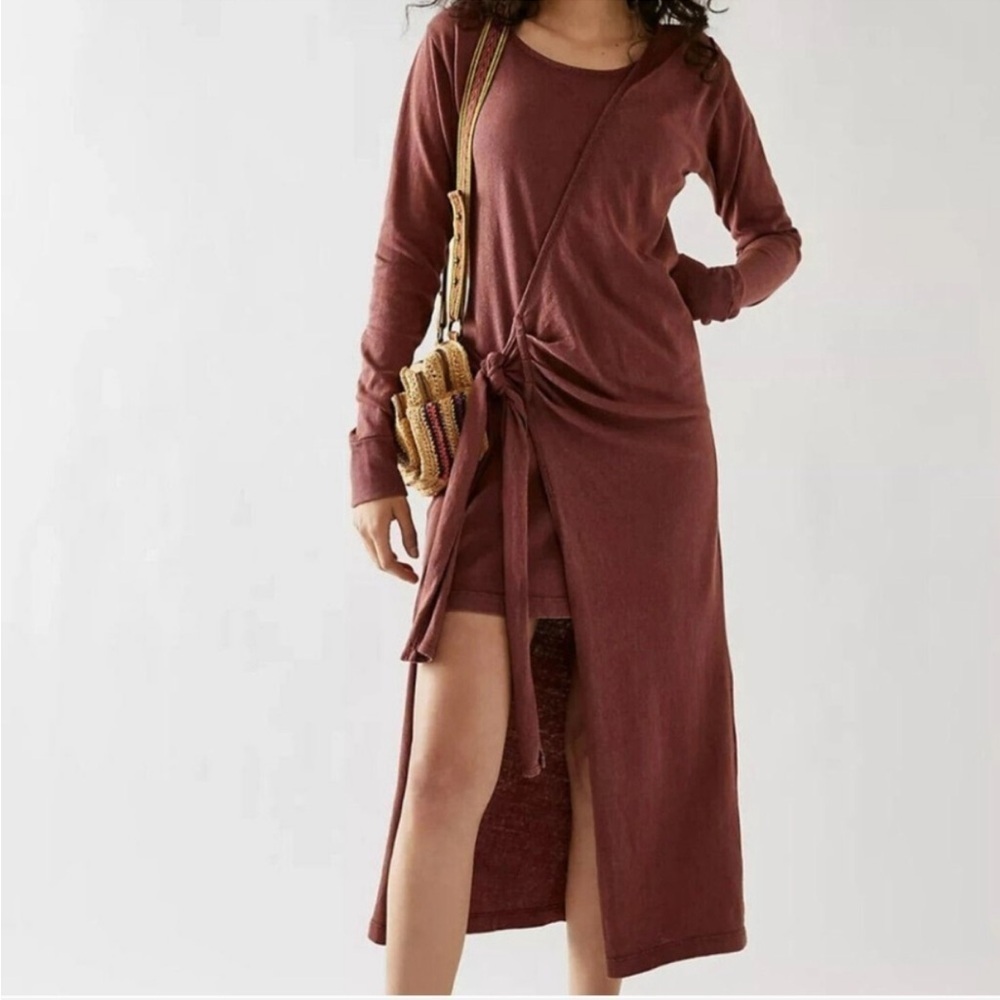 FREE PEOPLE Molly Longsleeve Side Tie Boho Cozy Ribbed Asymmetrical Midi Dress